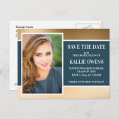 Navy Blue Gold Afstuderen Save the Date Aankondigingskaart (Voorkant / Achterkant)
