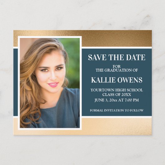 Navy Blue Gold Afstuderen Save the Date Aankondigingskaart (Voorkant)