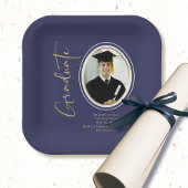 Navy Blue Gold Afstuderen Script Minimale foto Papieren Bordje