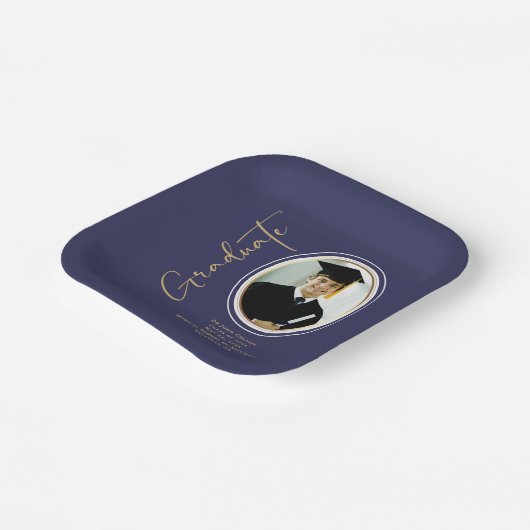 Navy Blue Gold Afstuderen Script Minimale foto Papieren Bordje (Gebogen)
