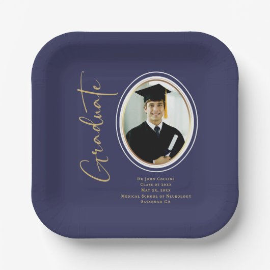 Navy Blue Gold Afstuderen Script Minimale foto Papieren Bordje (Voorkant)