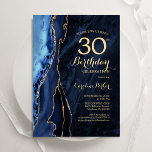 Navy Blue Gold Agaat 30e verjaardag Kaart<br><div class="desc">Marine blauw en goud agaat 30e verjaardag feestuitnodiging. Elegant modern ontwerp met een koningsblauwe waterverf agaat marmeren geode achtergrond,  faux glitter gold en typografie script lettertype. Trendy uitnodigingskaart perfect voor een stijlvol vrouwenfeest. Gedrukte Zazzle-uitnodigingen of direct download digitale afdrukbare sjabloon.</div>