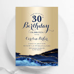 Navy Blue Gold Agaat 30e verjaardag Kaart<br><div class="desc">Marine blauw en goud agaat 30e verjaardag feestuitnodiging. Elegant modern ontwerp met een koningsblauwe waterverf agaat marmeren geode achtergrond,  faux glitter gold en typografie script lettertype. Trendy uitnodigingskaart perfect voor een stijlvol vrouwenfeest. Gedrukte Zazzle-uitnodigingen of direct download digitale afdrukbare sjabloon.</div>