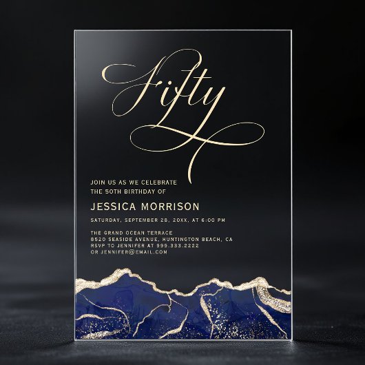 Navy Blue Gold Agaat 50e Vijftig Verjaardagsfeest Acryl Uitnodigingen