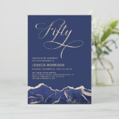 Navy Blue Gold Agaat 50e Vijftig Verjaardagsfeest Kaart (Staand voorkant)