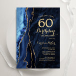 Navy Blue Gold Agaat 60e verjaardag Kaart<br><div class="desc">Marine blauw en goud agaat 60e verjaardag feestuitnodiging. Elegant modern ontwerp met een koningsblauwe waterverf agaat marmeren geode achtergrond,  faux glitter gold en typografie script lettertype. Trendy uitnodigingskaart perfect voor een stijlvol vrouwenfeest. Gedrukte Zazzle-uitnodigingen of direct download digitale afdrukbare sjabloon.</div>