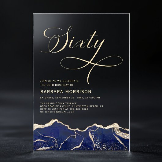 Navy Blue Gold Agaat 60e Zestig Verjaardagsfeest Acryl Uitnodigingen