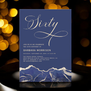 Navy Blue Gold Agaat 60e Zestig Verjaardagsfeest Kaart