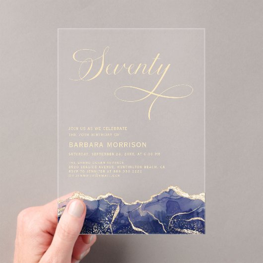 Navy Blue Gold Agaat 70e 70e verjaardagsfeest Acryl Uitnodigingen (Insitu (Draagbaar))
