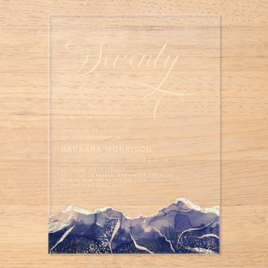 Navy Blue Gold Agaat 70e 70e verjaardagsfeest Acryl Uitnodigingen (Voorkant)