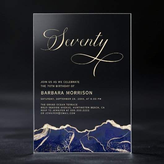 Navy Blue Gold Agaat 70e 70e verjaardagsfeest Acryl Uitnodigingen