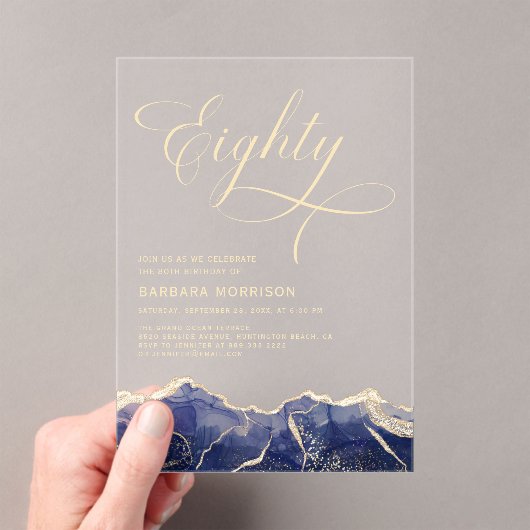 Navy Blue Gold Agaat 80e 80 verjaardagsfeest Acryl Uitnodigingen (Insitu (Draagbaar))