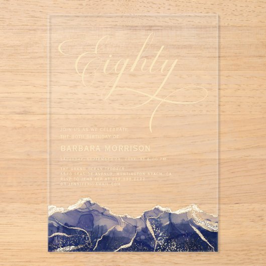 Navy Blue Gold Agaat 80e 80 verjaardagsfeest Acryl Uitnodigingen (Voorkant)