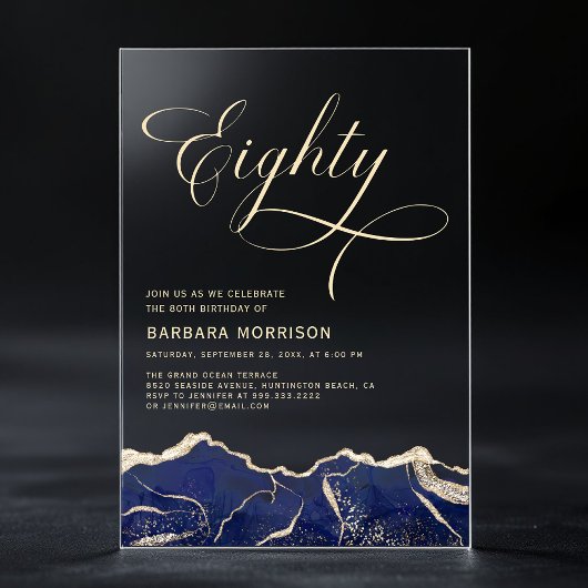 Navy Blue Gold Agaat 80e 80 verjaardagsfeest Acryl Uitnodigingen