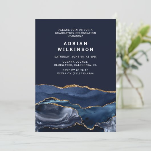 Navy Blue & Gold Agaat Afstuderen Kaart (Staand voorkant)