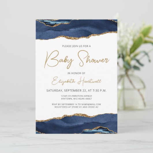 Navy Blue Gold Agaat Baby shower uitnodiging (Staand voorkant)