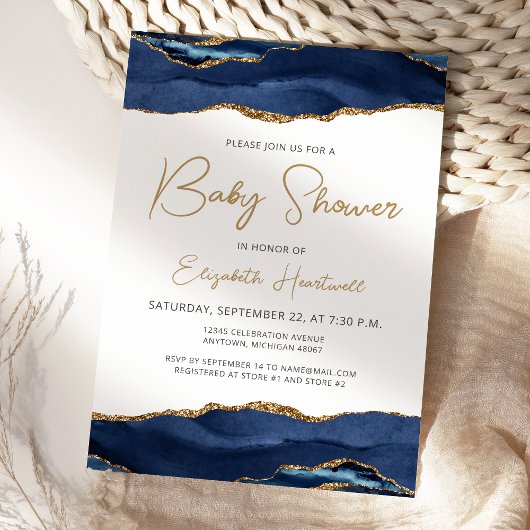 Navy Blue Gold Agaat Baby shower uitnodiging