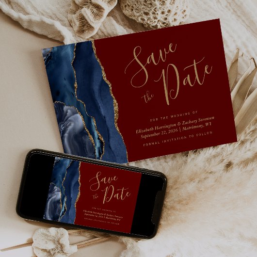Navy Blue Gold Agaat Bourgogne Save the Date Kaart