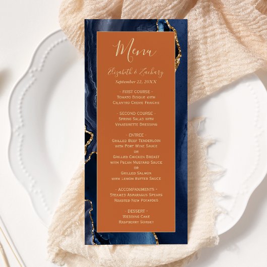 Navy Blue Gold Agaat Burnt Sinaasappel Wedding Men Menu
