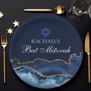 Navy Blue Gold Agaat Custom Bat Mitzvah Party Papieren Bordje
