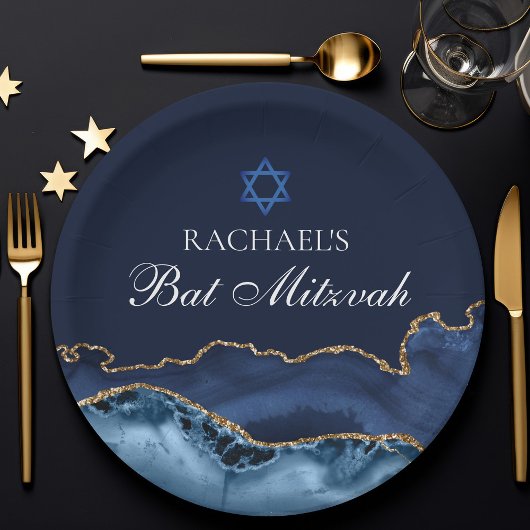Navy Blue Gold Agaat Custom Bat Mitzvah Party Papieren Bordje