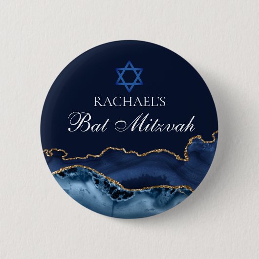 Navy Blue Gold Agaat Custom Bat Mitzvah Party Ronde Button 5,7 Cm (Voorkant)