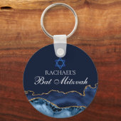 Navy Blue Gold Agaat Custom Bat Mitzvah Party Sleutelhanger (Achterkant)