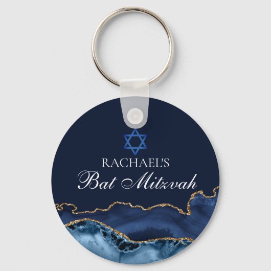 Navy Blue Gold Agaat Custom Bat Mitzvah Party Sleutelhanger (Achterkant)