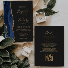 Navy Blue Gold Agaat Dark QR Code Wedding Kaart