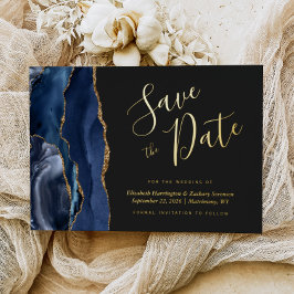 Navy Blue Gold Agaat Dark Save the Date Folie Uitnodiging