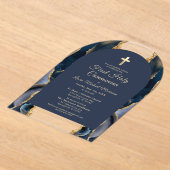 Navy Blue Gold Agaat Eerste Heilige Communie Acryl Uitnodigingen (Laagn)