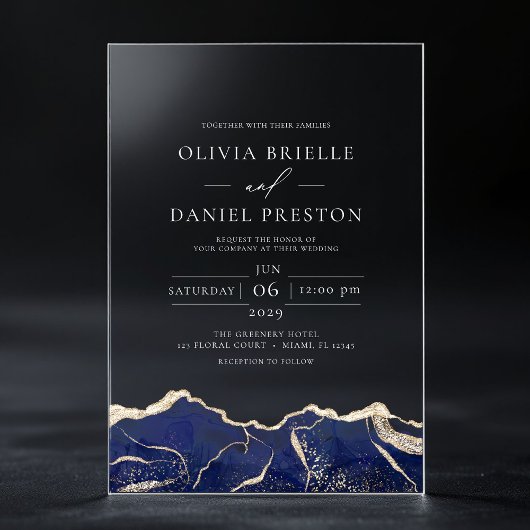 Navy Blue Gold Agaat Elegant Modern Wedding Acryl Uitnodigingen
