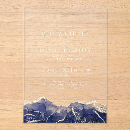 Navy Blue Gold Agaat Elegant Modern Wedding Acryl Uitnodigingen (Voorkant)