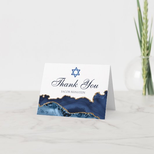 Navy Blue Gold Agaat Gepersonaliseerde Bar Mitzvah Bedankkaart (Voorkant)