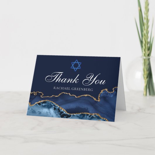 Navy Blue Gold Agaat gepersonaliseerde vleermuis M Bedankkaart (Voorkant)