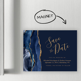 Navy Blue Gold Agaat Magnetische Save the Date