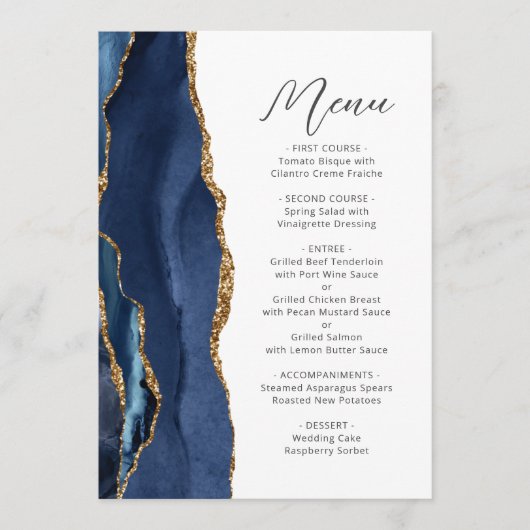 Navy Blue Gold Agaat Modern Script Wedding Menu (Voorkant)