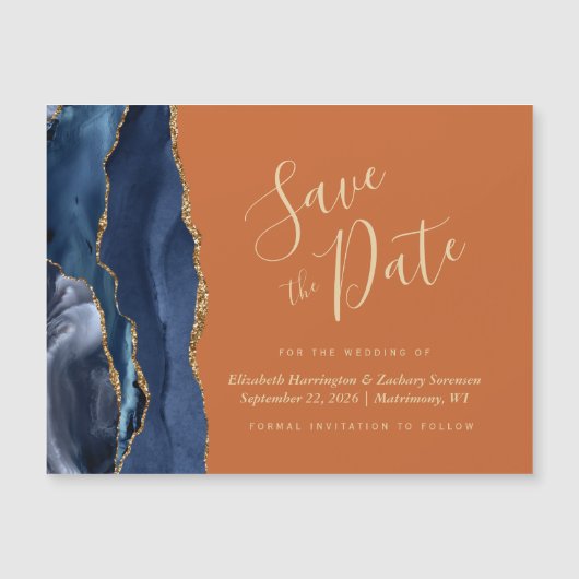Navy Blue Gold Agaat Rust Magnetisch Save the Date (Voorkant)