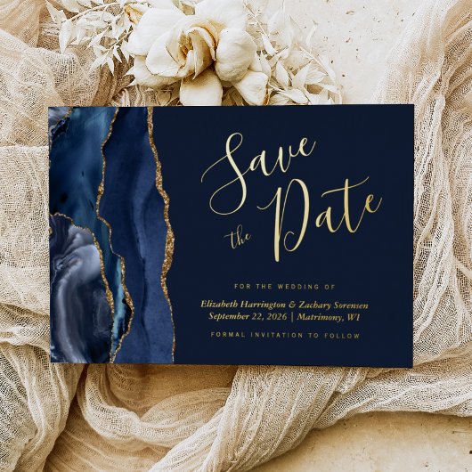 Navy Blue Gold Agaat Save the Date Folie Uitnodiging