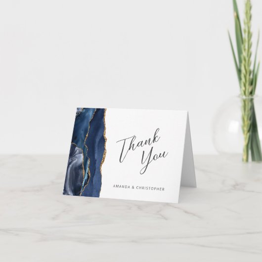 Navy Blue Gold Agaat Script Wedding Bedankt Kaart (Voorkant)