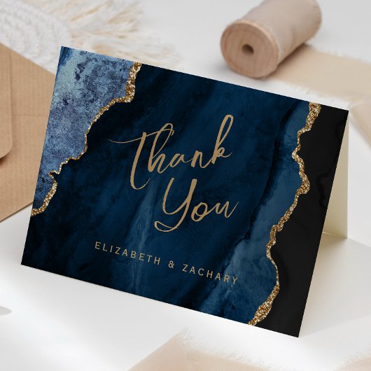 Navy Blue Gold Agaat Script Wedding Bedankt Kaart