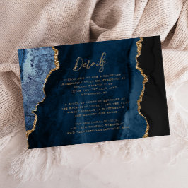 Navy Blue Gold Agaat Script Wedding Details Informatiekaartje