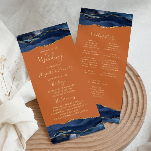 Navy Blue Gold Agaat verbrande Sinaasappel bruilof Programmakaart