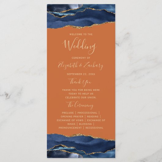 Navy Blue Gold Agaat verbrande Sinaasappel bruilof Programmakaart (Voorkant)