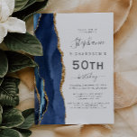 Navy Blue Gold Agate 50th Birthday Party Kaart<br><div class="desc">De linkerrand van deze elegante,  moderne verjaardagsfeestuitnodiging is voorzien van een marineblauwe waterverf agaatrand met een gouden faux glitter. De aanpasbare tekst combineert houtskoolgrijs handschrift,  koperplaat en cursieve lettertypen op een witte achtergrond. De achterkant heeft een bijpassend marineblauw en gouden agaat ontwerp.</div>