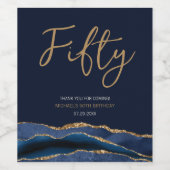 Navy Blue Gold Agate 50th Birthday Wine Label Wijn Etiket (Enkel label)