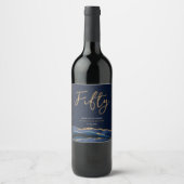 Navy Blue Gold Agate 50th Birthday Wine Label Wijn Etiket (Voorkant)