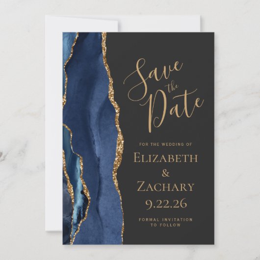 Navy Blue Gold Agate 5-foto donker Save The Date (Voorkant)