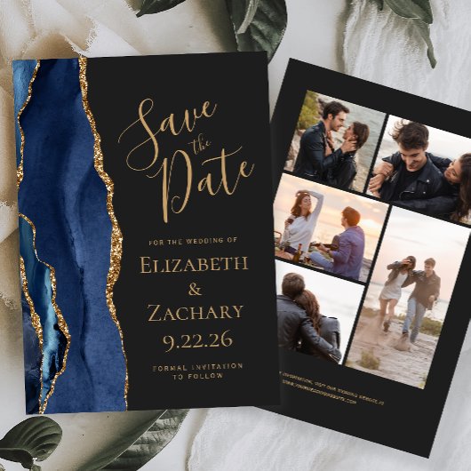 Navy Blue Gold Agate 5-foto donker Save The Date