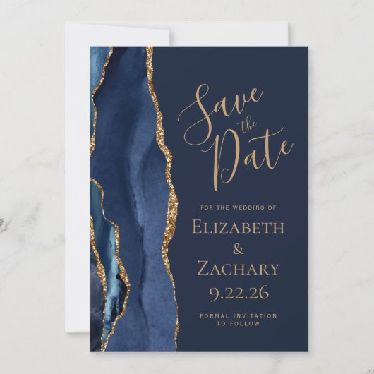 Navy Blue Gold Agate 5-Foto Save The Date (Voorkant)